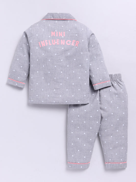 'Mini Influencer' Backprint Grey Polka Dots Full Sleeve Night Suit