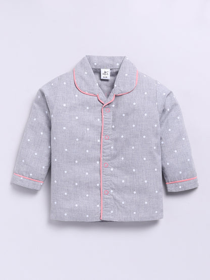 'Mini Influencer' Backprint Grey Polka Dots Full Sleeve Night Suit