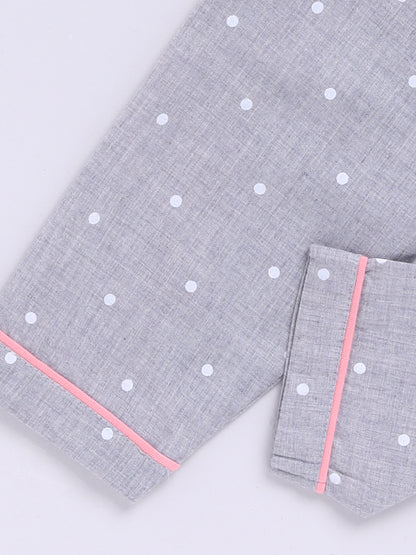 'Mini Influencer' Backprint Grey Polka Dots Full Sleeve Night Suit