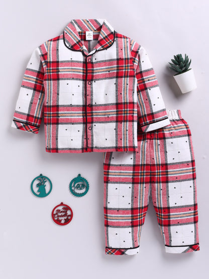 Red Cotton Woven Checked Full Sleeve Night Suit