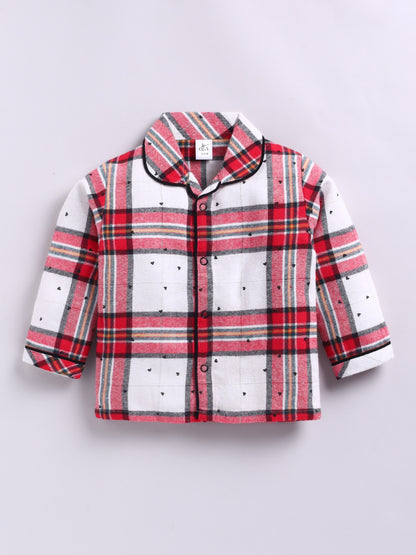 Red Cotton Woven Checked Full Sleeve Night Suit