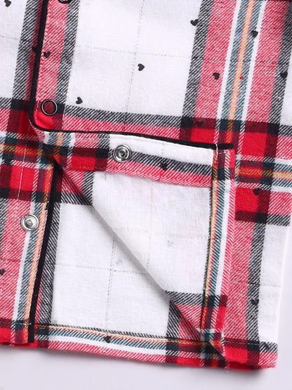 Red Cotton Woven Checked Full Sleeve Night Suit