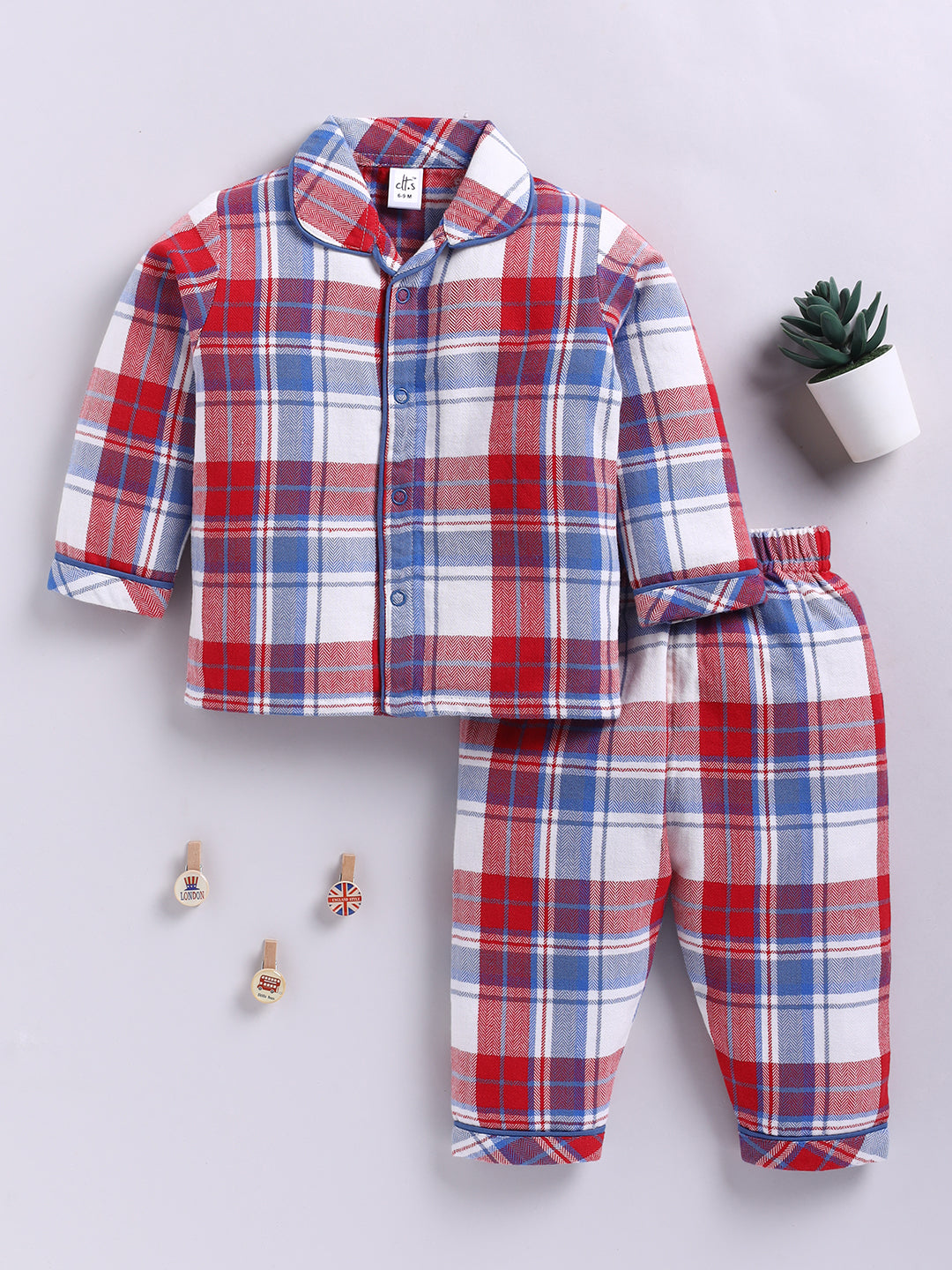 Red Cotton Woven Checked Flannel Full Sleeve Night Suit