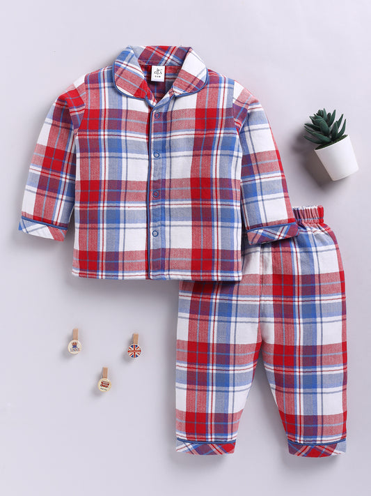 Red Cotton Woven Checked Flannel Full Sleeve Night Suit