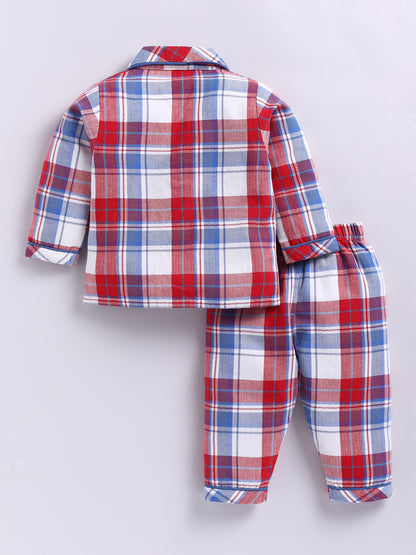 Red Cotton Woven Checked Flannel Full Sleeve Night Suit