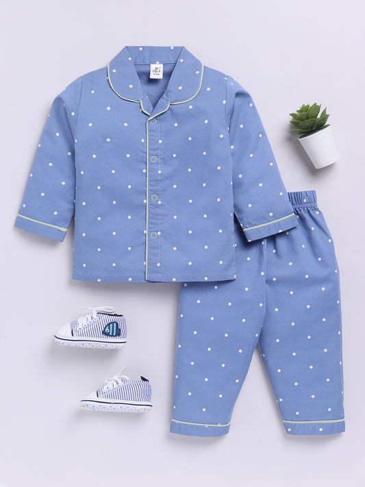Blue Cotton Woven Polka Dots Full Sleeve Night Suit