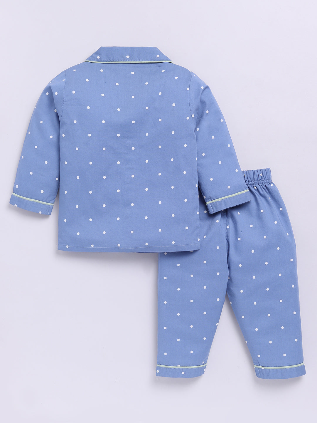 Blue Cotton Woven Polka Dots Full Sleeve Night Suit