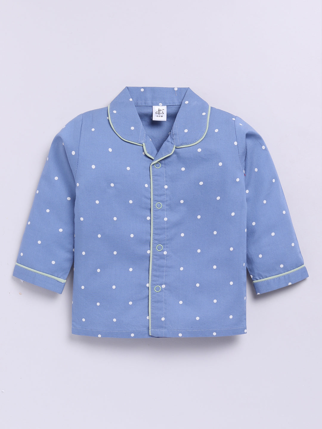 Blue Cotton Woven Polka Dots Full Sleeve Night Suit