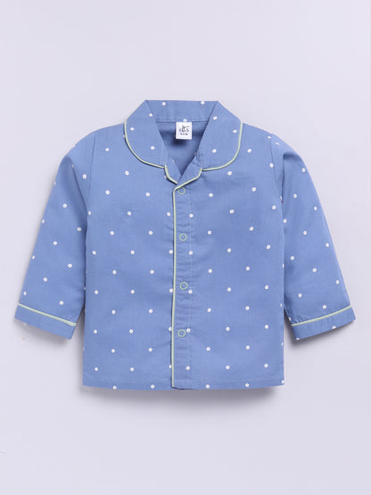 Blue Cotton Woven Polka Dots Full Sleeve Night Suit
