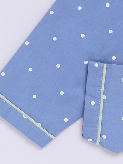 Blue Cotton Woven Polka Dots Full Sleeve Night Suit