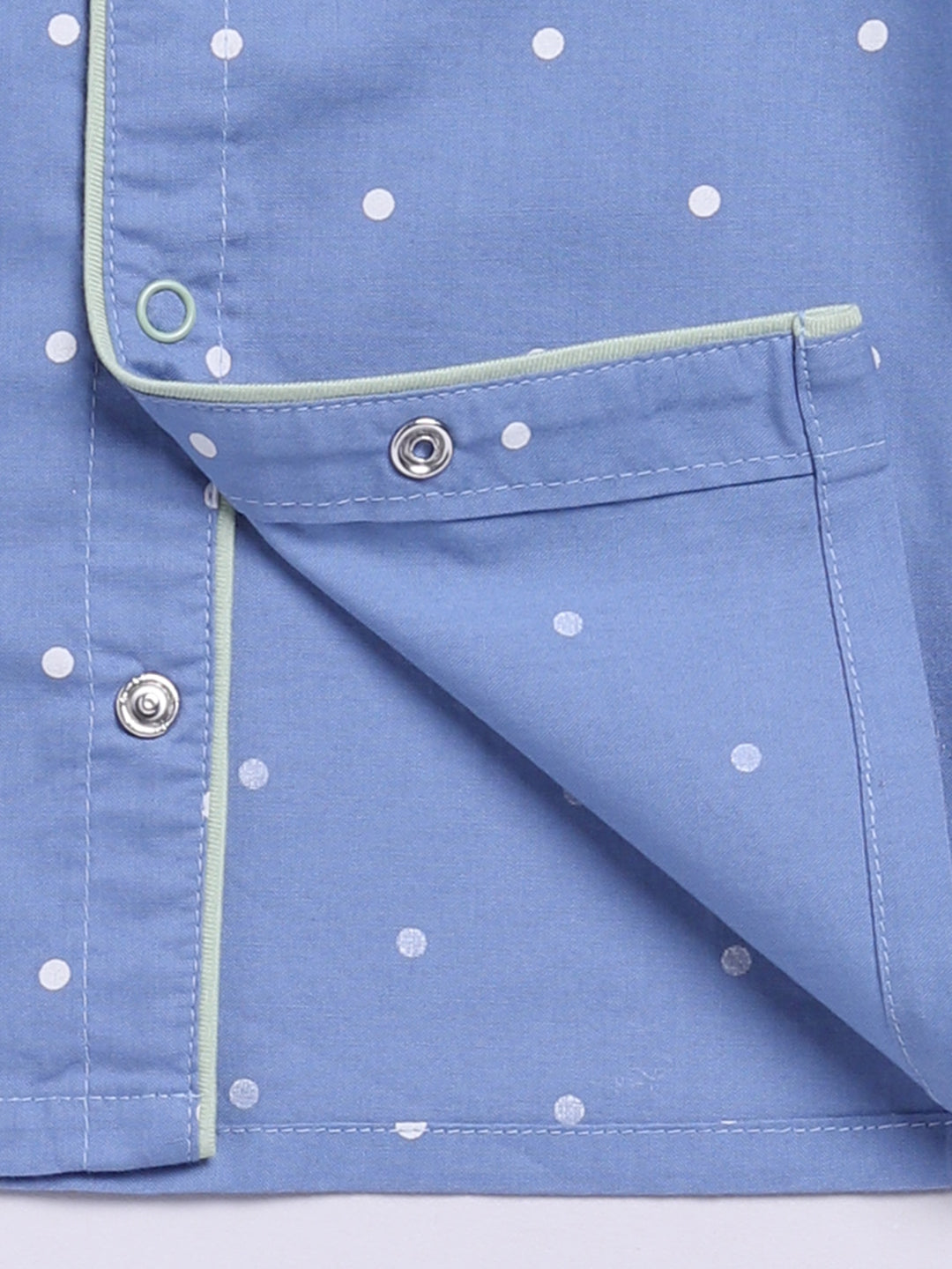 Blue Cotton Woven Polka Dots Full Sleeve Night Suit