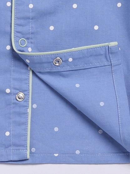 Blue Cotton Woven Polka Dots Full Sleeve Night Suit