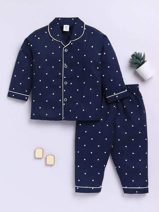 Navy Cotton Woven Polka Dots Full Sleeve Night Suit