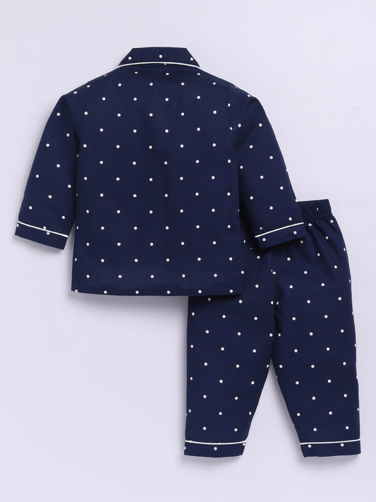 Navy Cotton Woven Polka Dots Full Sleeve Night Suit