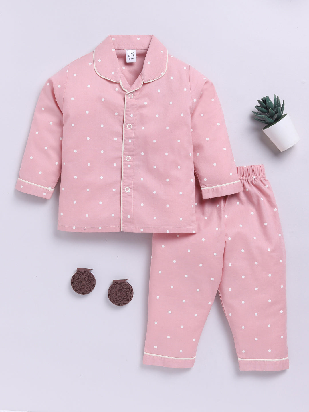 Pink Cotton Woven Polka Dots Full Sleeve Night Suit