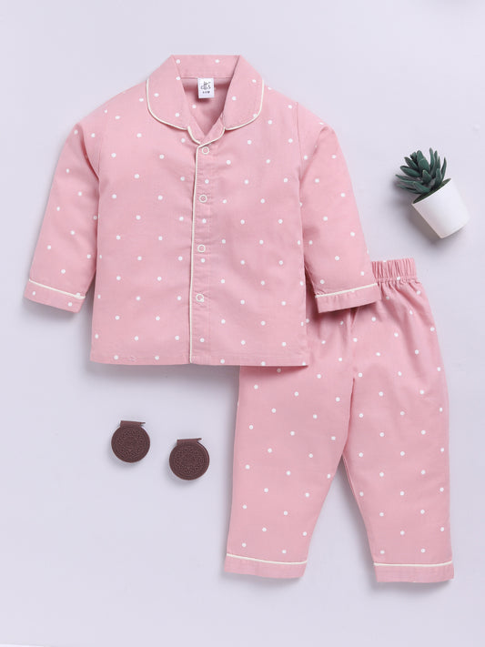 Pink Cotton Woven Polka Dots Full Sleeve Night Suit