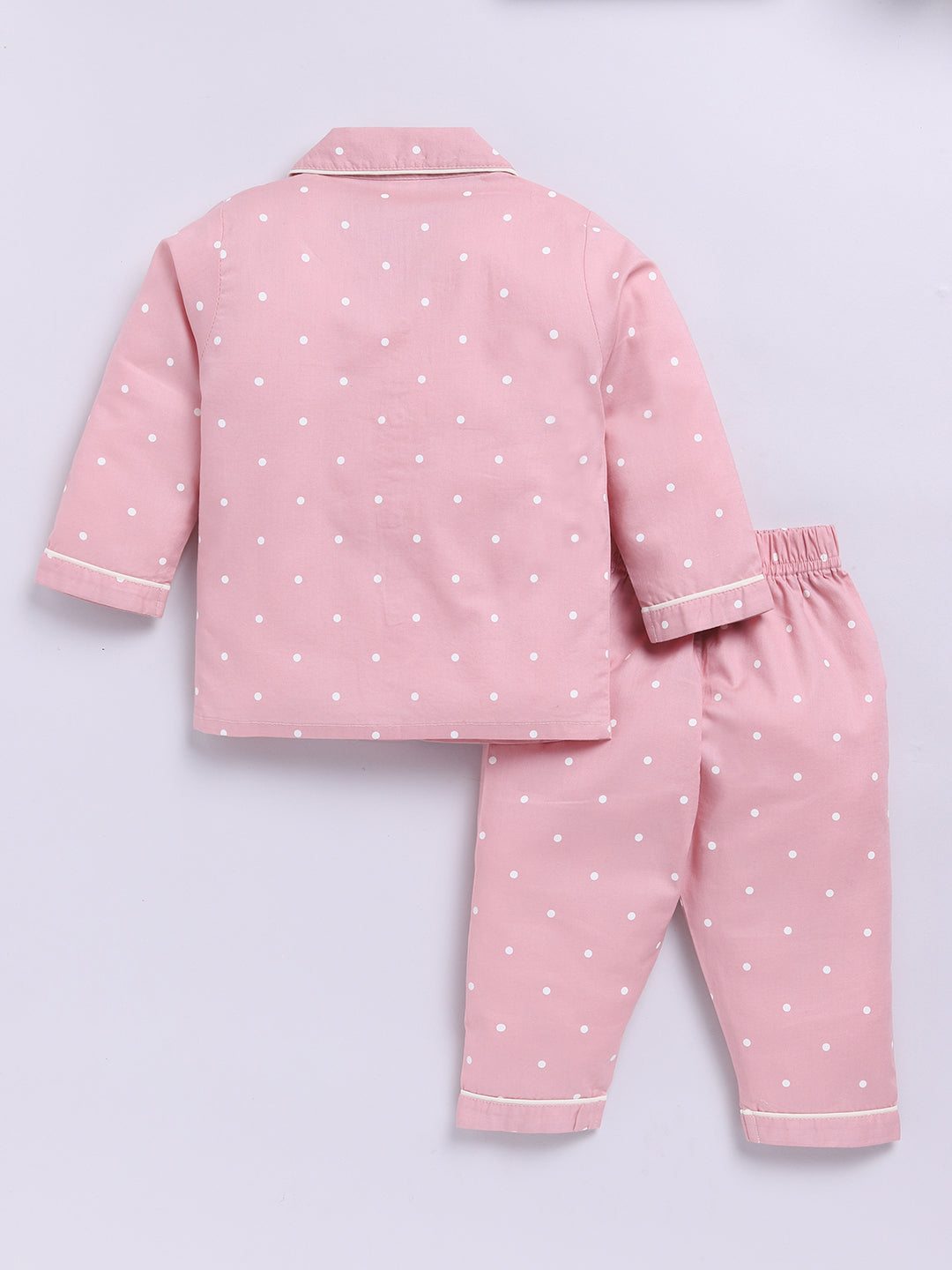 Pink Cotton Woven Polka Dots Full Sleeve Night Suit