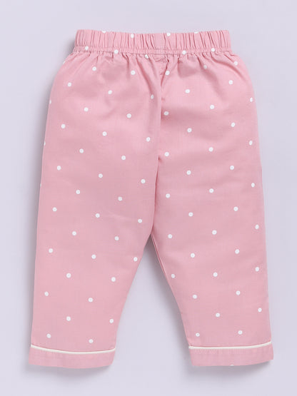 Pink Cotton Woven Polka Dots Full Sleeve Night Suit