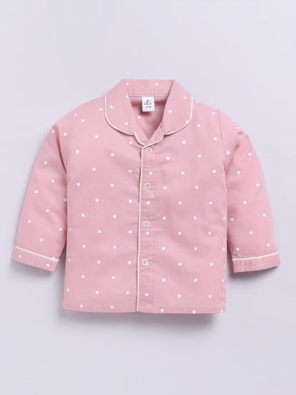 Pink Cotton Woven Polka Dots Full Sleeve Night Suit
