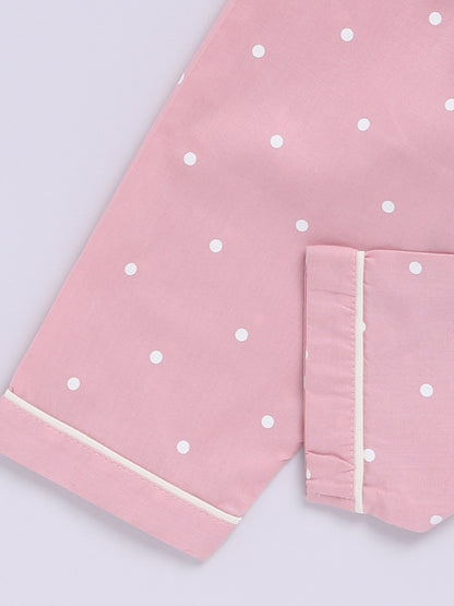 Pink Cotton Woven Polka Dots Full Sleeve Night Suit