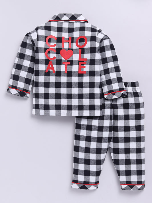 Black Cotton Woven Checked Full Sleeve Night Suit