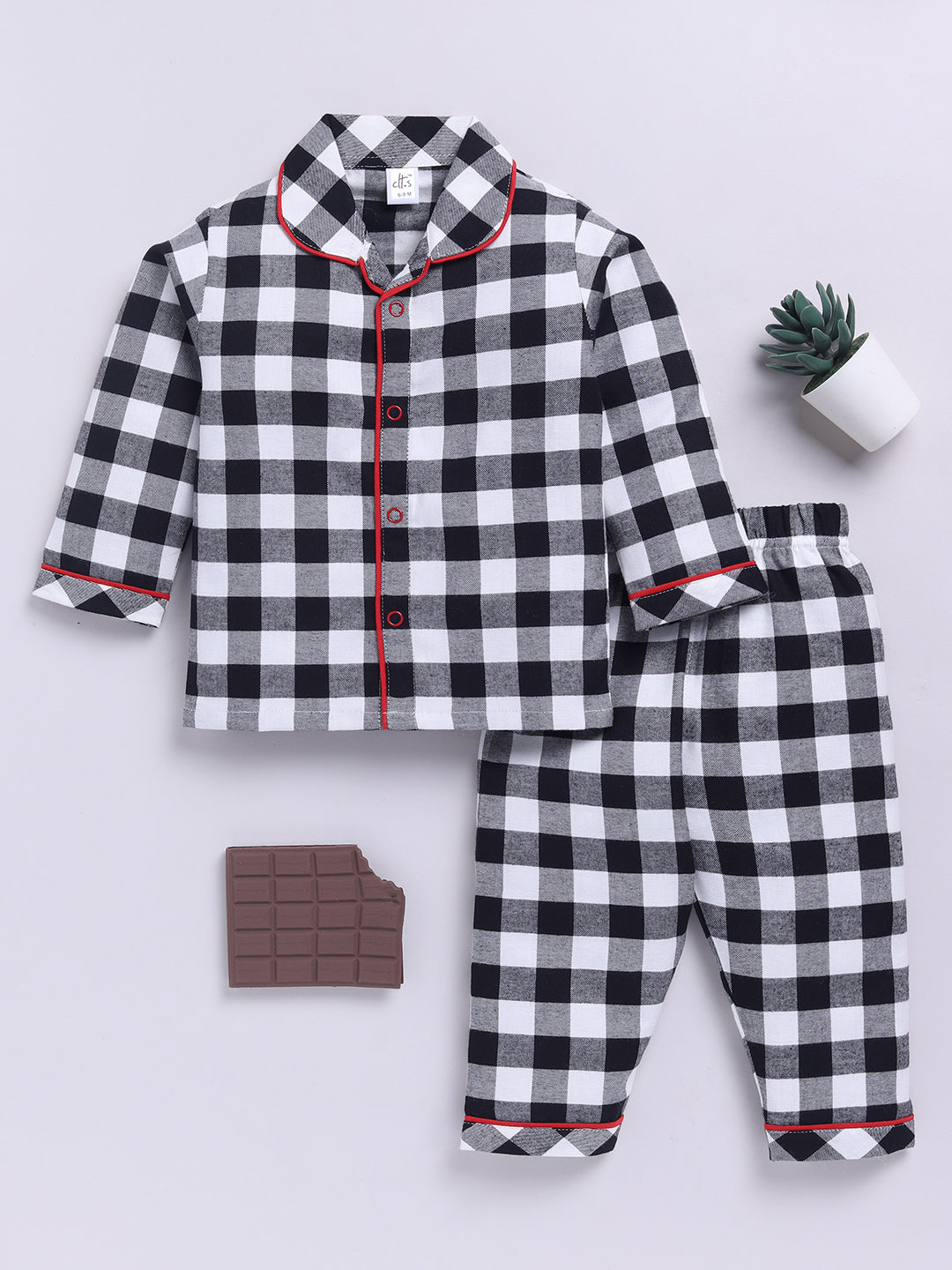 Black Cotton Woven Checked Full Sleeve Night Suit