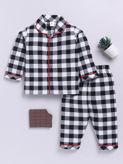 Black Cotton Woven Checked Full Sleeve Night Suit
