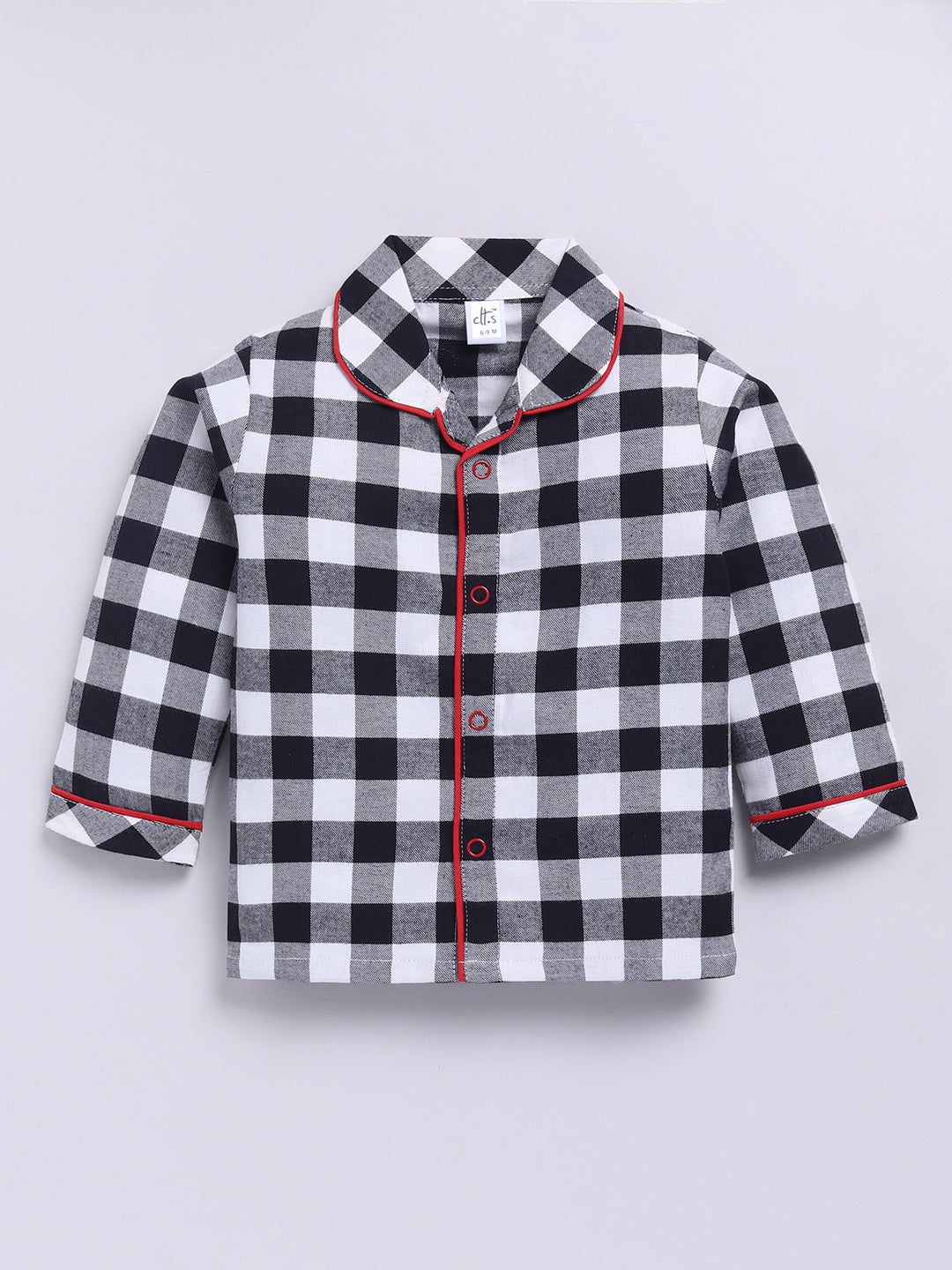 Black Cotton Woven Checked Full Sleeve Night Suit