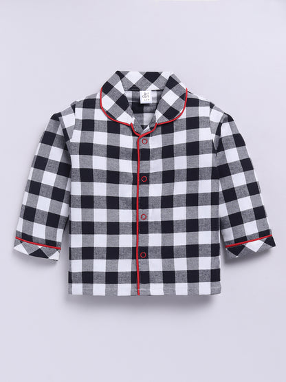 Black Cotton Woven Checked Full Sleeve Night Suit