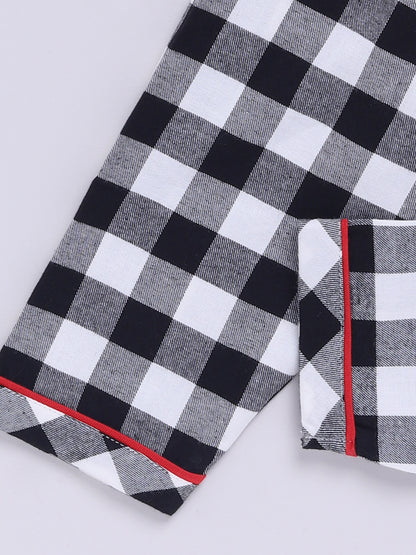 Black Cotton Woven Checked Full Sleeve Night Suit