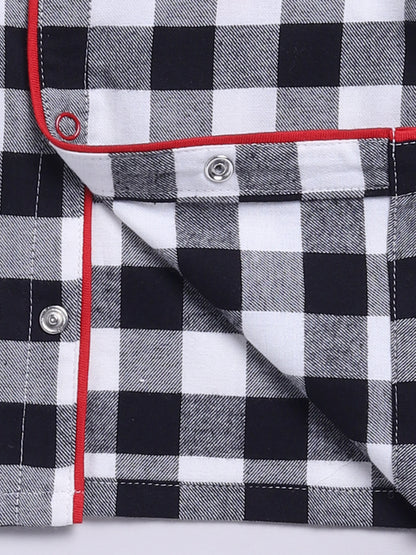 Black Cotton Woven Checked Full Sleeve Night Suit