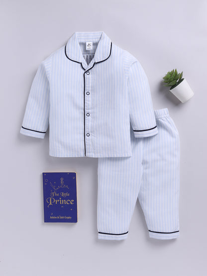 Blue Cotton Woven Typography Full Sleeve Night Suit