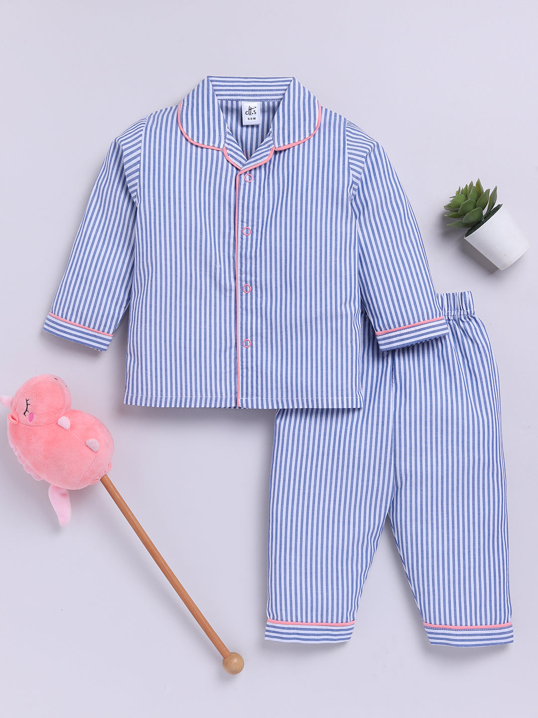 "I got it from my Mama" Blue Cotton Woven Striped Full Sleeve Night Suit
