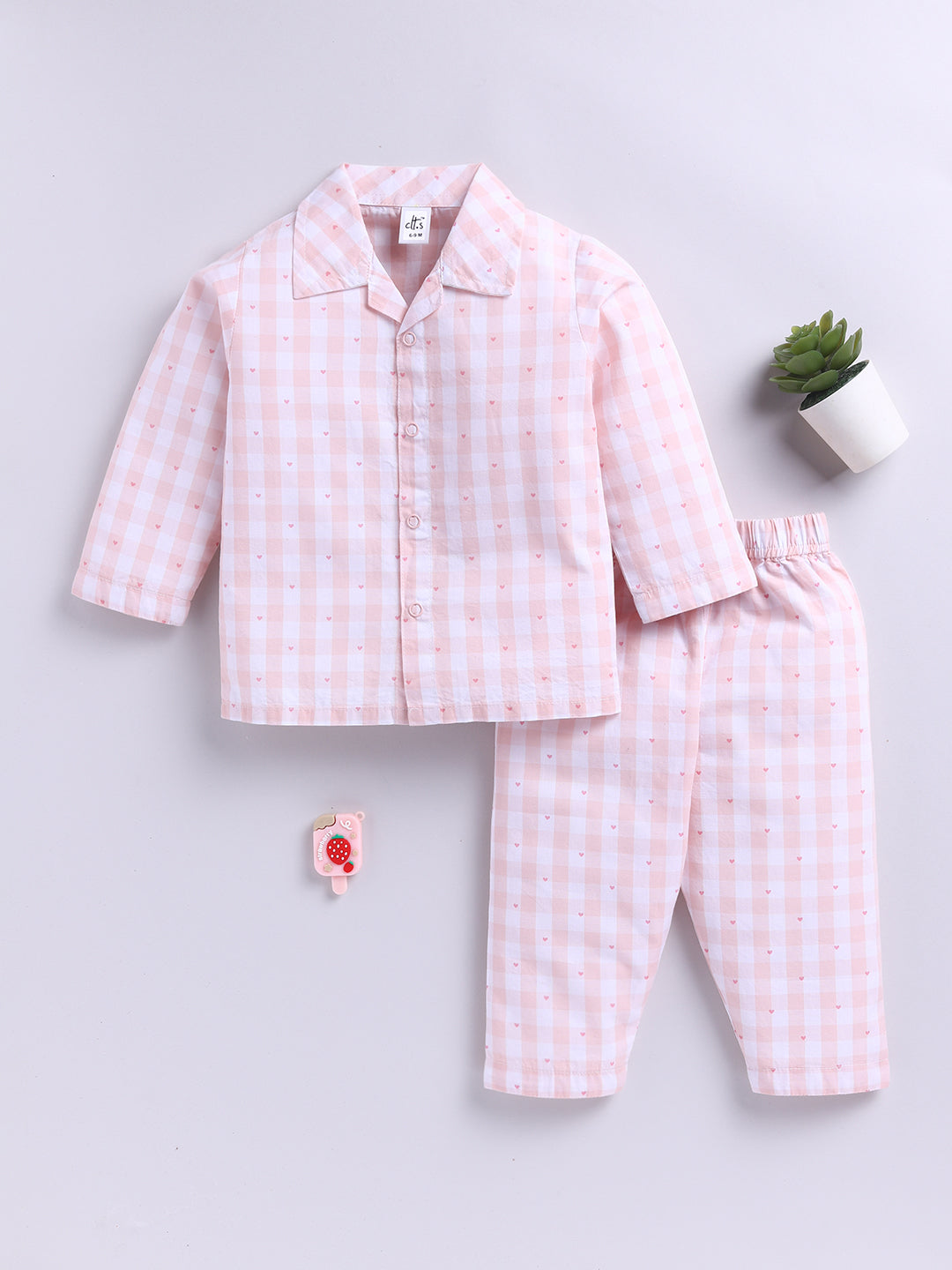 Peach Cotton Woven Checked Full Sleeve Night Suit