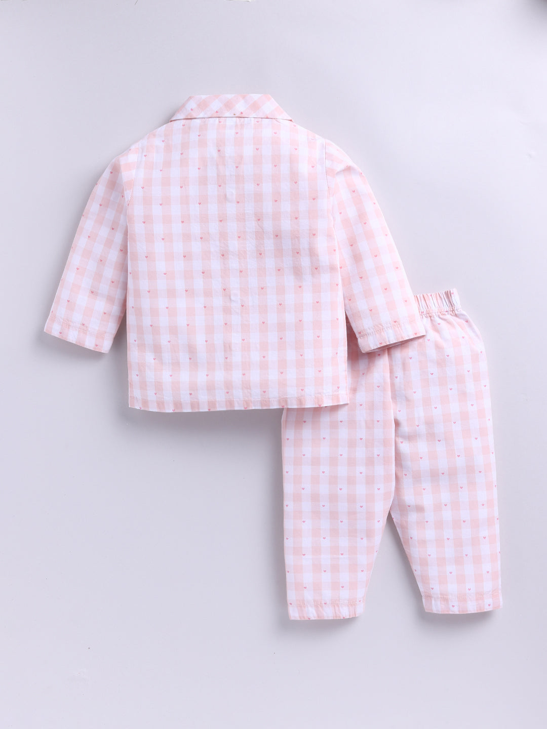Peach Cotton Woven Checked Full Sleeve Night Suit