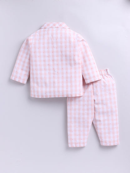 Peach Cotton Woven Checked Full Sleeve Night Suit