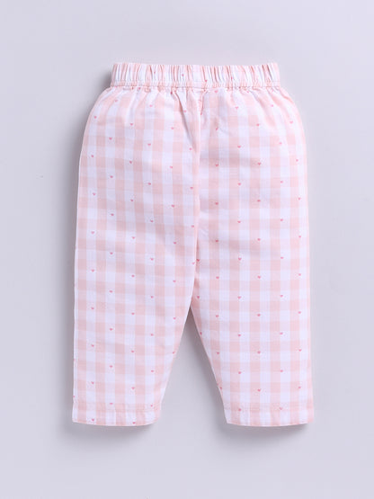 Peach Cotton Woven Checked Full Sleeve Night Suit