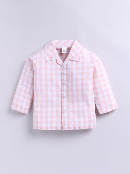 Peach Cotton Woven Checked Full Sleeve Night Suit