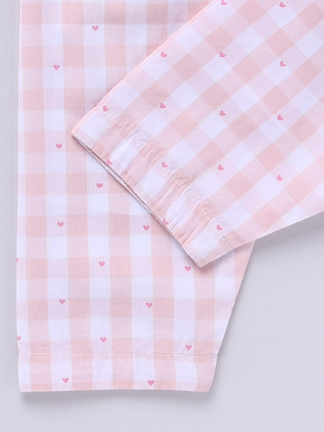 Peach Cotton Woven Checked Full Sleeve Night Suit