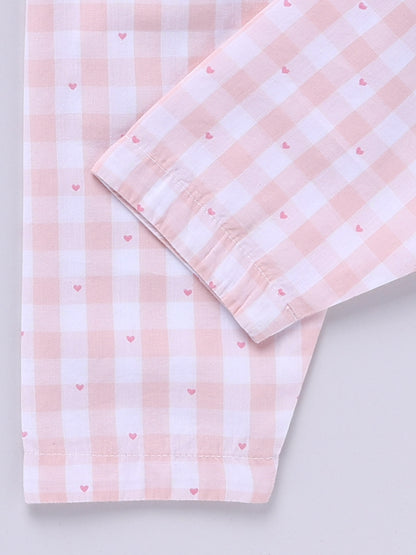 Peach Cotton Woven Checked Full Sleeve Night Suit