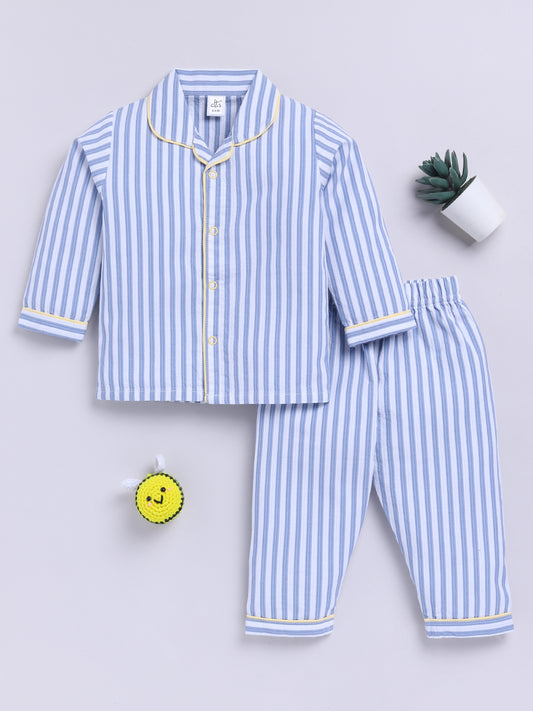 Blue Cotton Striped Full Sleeve Night Suit