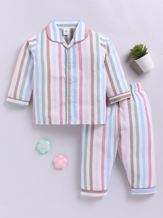 Multi Cotton Woven Striped Full Sleeve Night Suit