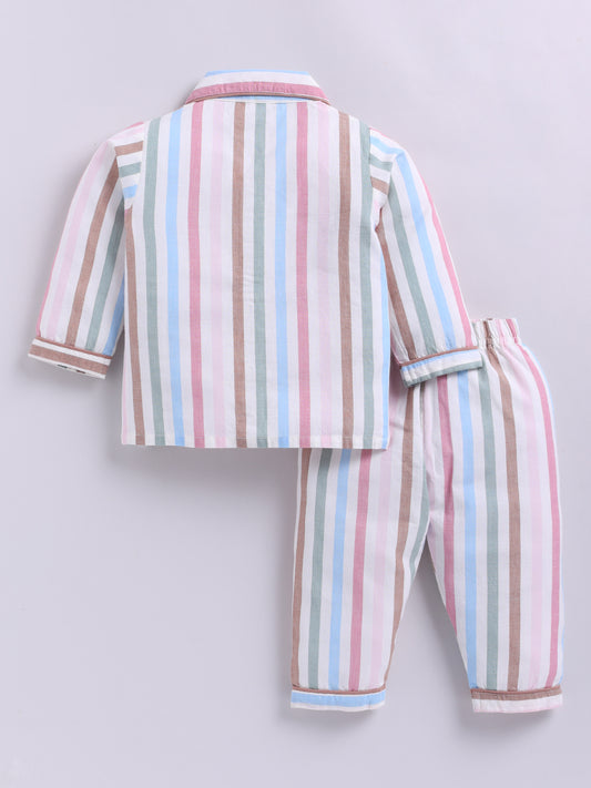 Multi Cotton Woven Striped Full Sleeve Night Suit