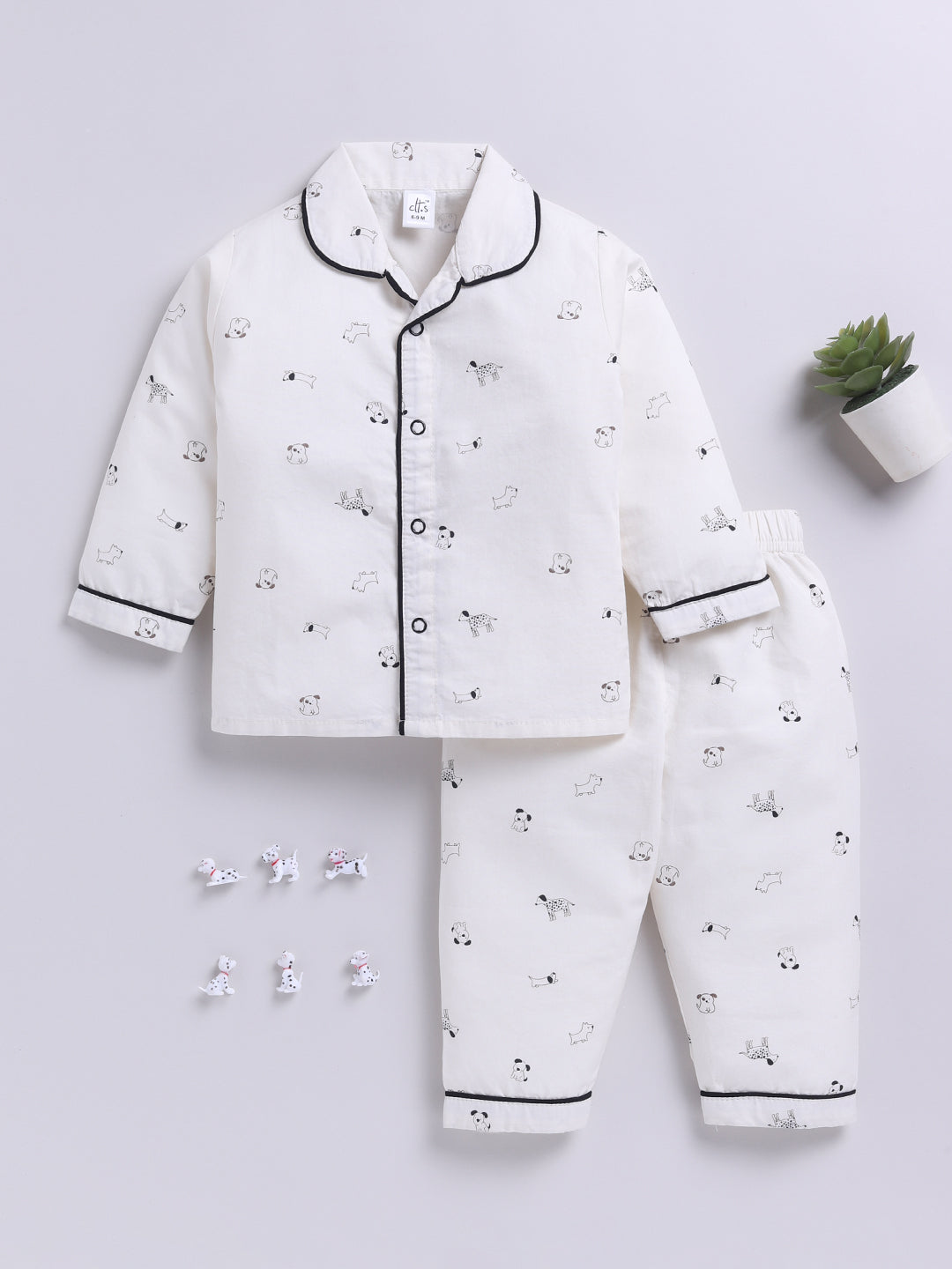 White Cotton Woven Puppy Printed Full Sleeve Night Suit