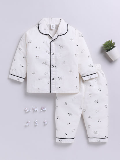 White Cotton Woven Puppy Printed Full Sleeve Night Suit