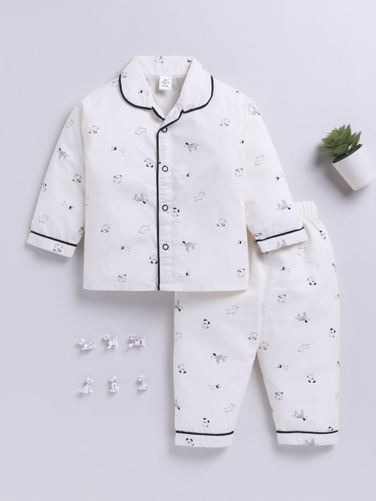 White Cotton Woven Puppy Printed Full Sleeve Night Suit
