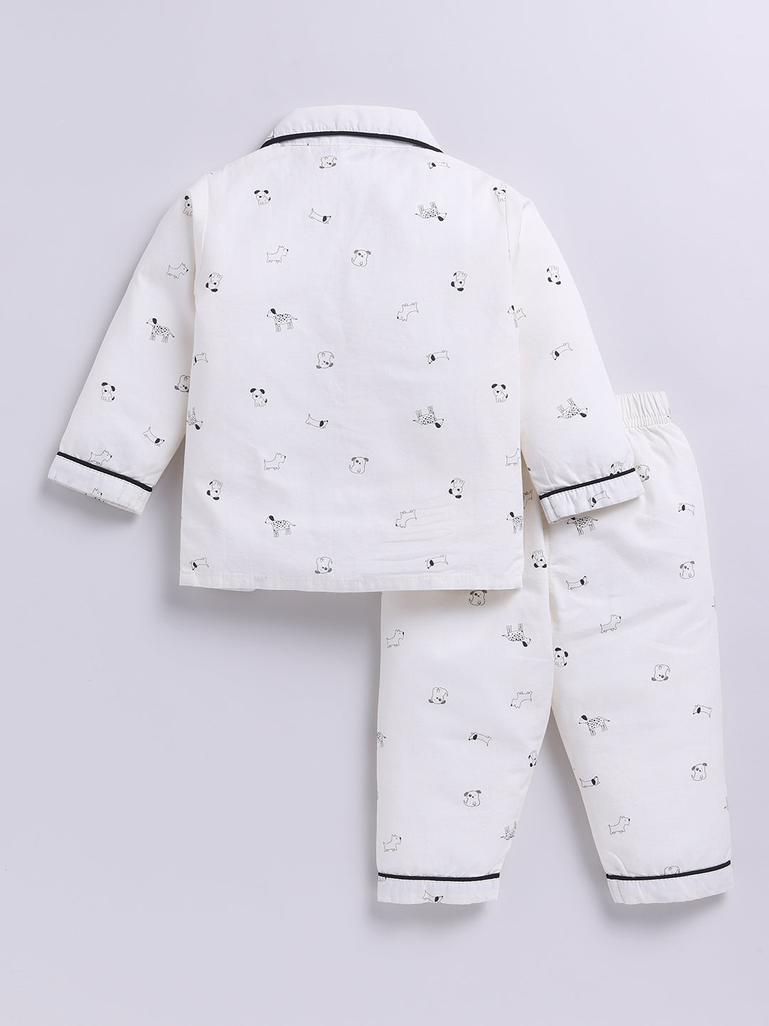 White Cotton Woven Puppy Printed Full Sleeve Night Suit