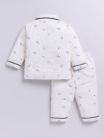 White Cotton Woven Puppy Printed Full Sleeve Night Suit
