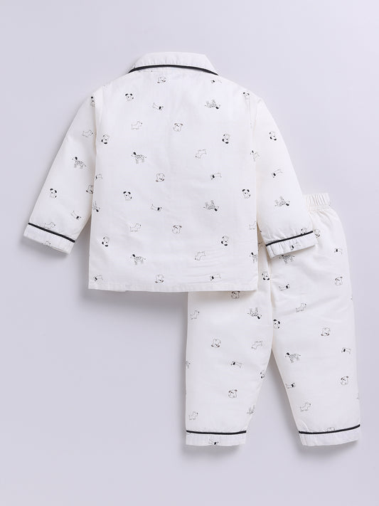White Cotton Woven Puppy Printed Full Sleeve Night Suit