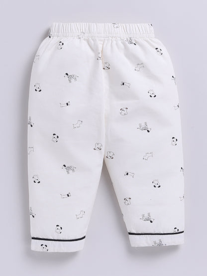 White Cotton Woven Puppy Printed Full Sleeve Night Suit